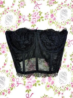 VICTORIA’S SECRET NWOT Lace Bustier Corset Black Sheer Boned Coquette 34DD